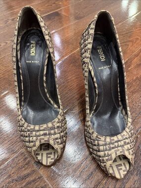 Fendi Brown Woven Peep-Toe Logo Heels
